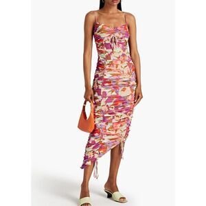Nicholas Maisie Midi Ruched Stretch Mesh Dress Pink Size 2
